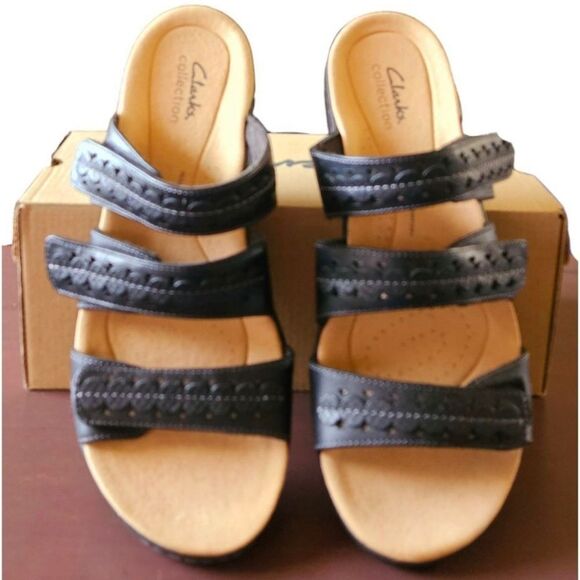 CLARKS COLKECTION Black Leather LAURIEANN Cove Ajustable Velcro Flat Sandals 9W - Picture 2 of 14